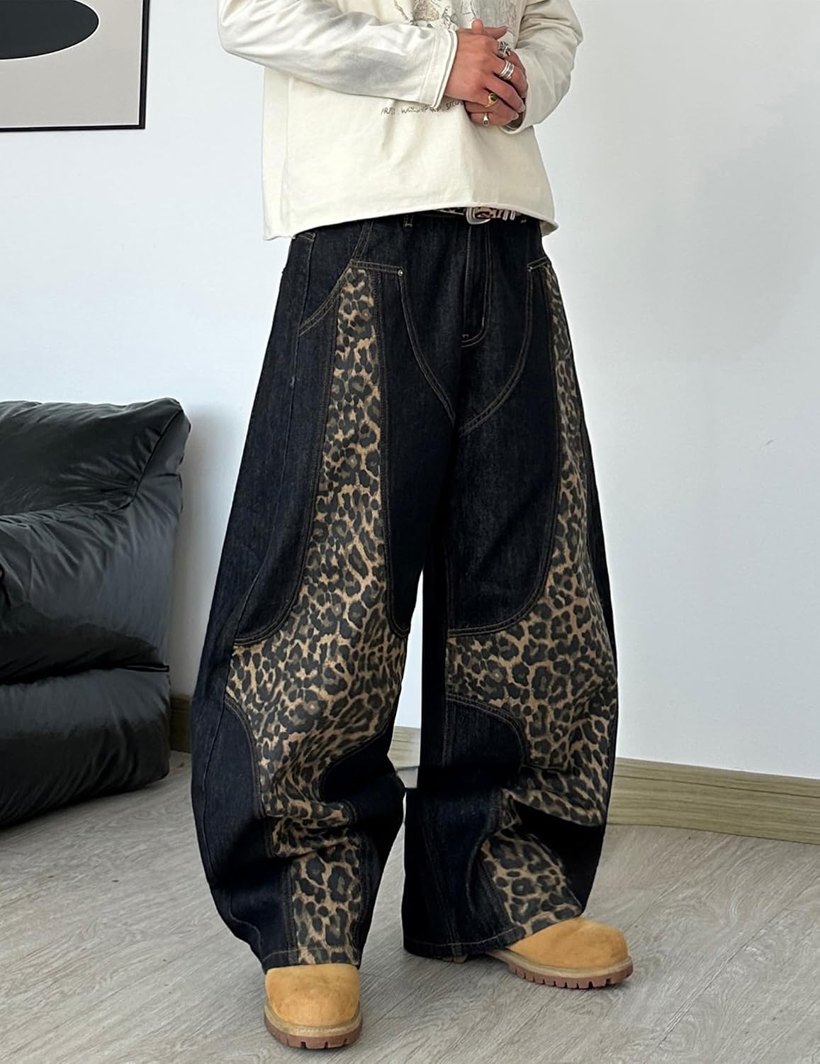 Mens Wide Leg Baggy Jeans Casual Loose Fit Denim Pants Skater Y2k Patchwork Trousers Streetwear