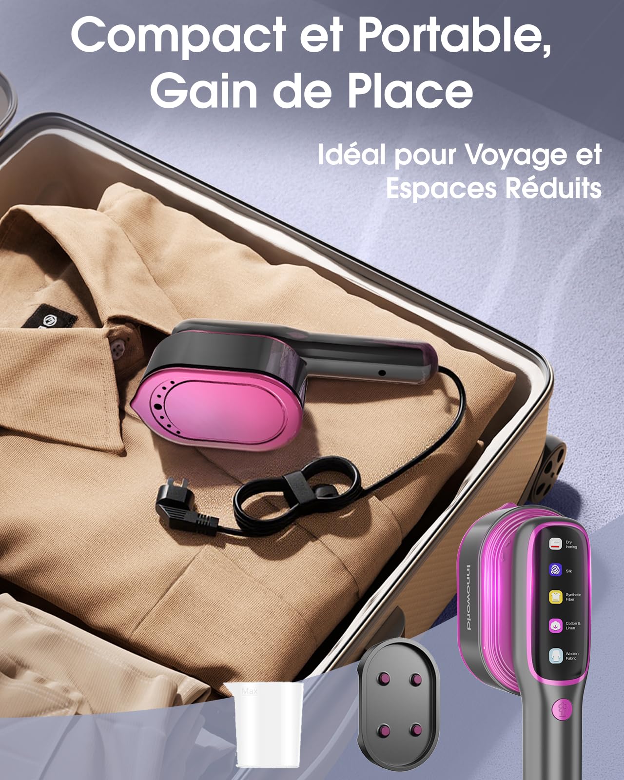 Défroisseur Vapeur de Voyage,1200W,20ml/min de Vapeur,Chauffage Express 15s, Autonomie 12 Min, 5 Modes,Grand Réservoir D'eau de 110 ml,Fer à Vapeur 2-en-1 pour Maison et Déplacements(Violet)