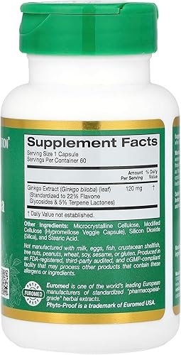 Miniatura 2 de California Gold Nutrition EuroHerbs™, extracto de ginkgo biloba, calidad Euromed, 120 mg, 60 cápsulas vegetales