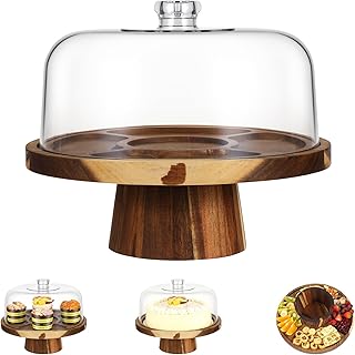Acacia Wood Cake Stand With Lid, 12 Inch Wooden Cake Stand with Acrylic Dome Vintage Cakes Display Holder Versatile Dessert Table Display & Charcuterie Board for Wedding Birthday Party