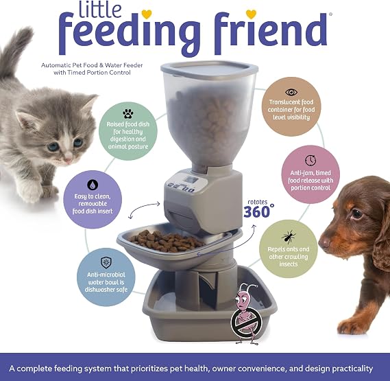 Feeding Friend Automatic Dog & Cat Food Feeder with Water Dispenser Smart Pet Feeder with Portion Control, OLED Display, Anti Jam Design, Battery Operated Dispenser for Small - (XS) Pets 4-15 Taupe