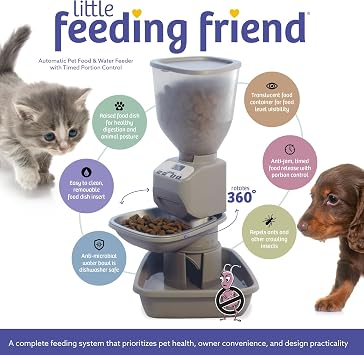Feeding Friend Automatic Dog & Cat Food Feeder with Water Dispenser Smart Pet Feeder with Portion Control, OLED Display, Anti Jam Design, Battery Operated Dispenser for Small - (XS) Pets 4-15 Taupe