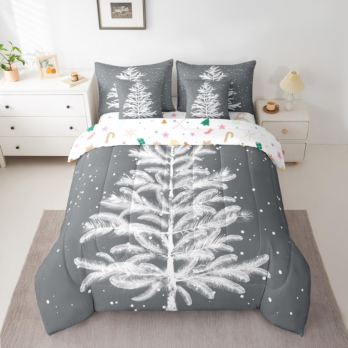 Erosebridal Christmas Tree Bed in a Bag Twin Comforter Set 7 Piece,Merry Christmas Bedding Set,Winter Snowflake Floral Sheet Set,Abstract Feather Xmas Decorations Grey Quilt Set Bedroom Decor