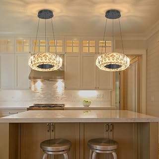 8" Ring Modern LED Dimmable Crystal Chandelier Adjustable Height Pendant Light Round Crystal Chandelier Light Fixtures for Dining Room Living Room Kitchen Island Black