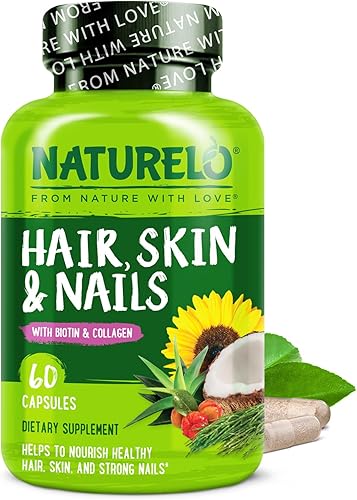 NATURELO Vitaminas para el cabello, la piel y las uñas, 5000 mcg de biotina, colágeno, vitamina E natural, suplemento para piel sana, crecimiento