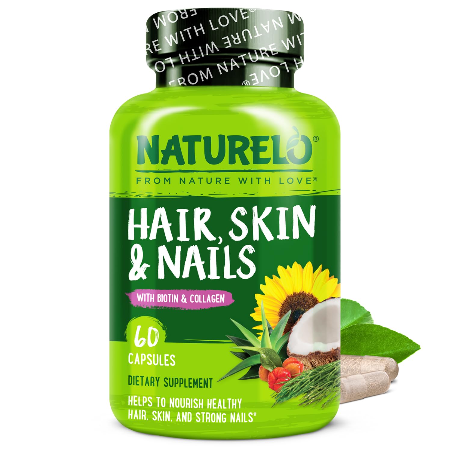 NATURELOHair, Skin and Nails Multivitamin - 5000 mcg Biotin, Collagen, Natural Vitamin E - Supplement for Healthy Skin, Hair Growth for Women and Men – 60 Capsules