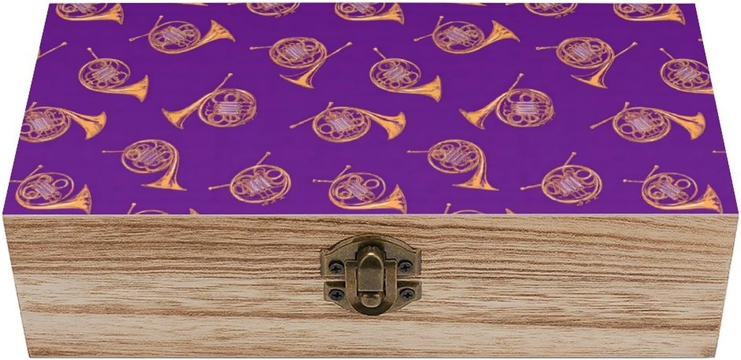 French Horns Pattern Wooden Storage Box Decorative Keepsake Boxes Jewelry Organizer Gifts with Hinged Lid