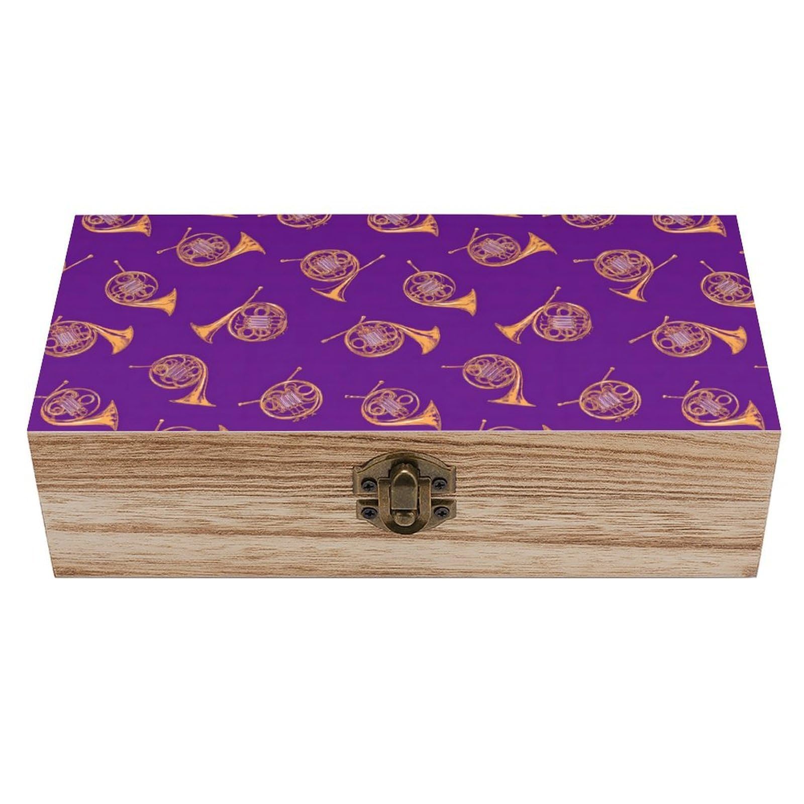 French Horns Pattern Wooden Storage Box Decorative Keepsake Boxes Jewelry Organizer Gifts with Hinged Lid