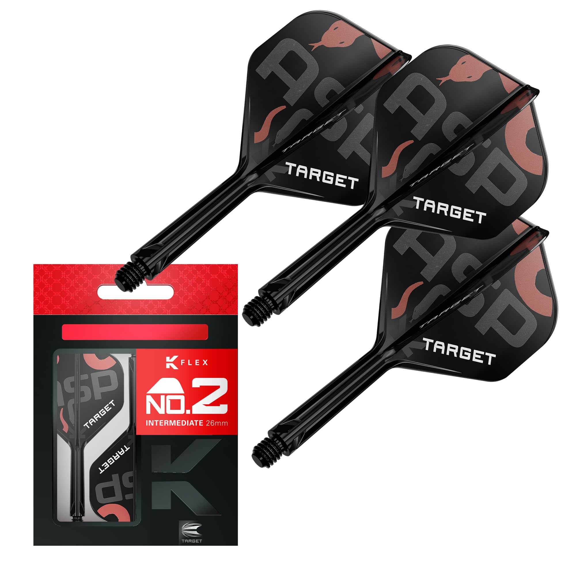 Target Darts Nathan Aspinall K Flex Flights und Shaft System, No.2 (Intermediate, 26mm) | Packung mit 3 Kflex All In One Flights, Player Edition Darts Zubehör | K-Flex Dart Schaft