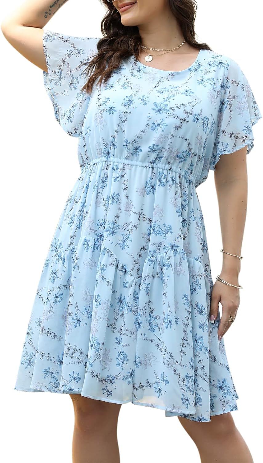 Nemidor Plus Size Summer Dresses for Curvy Women Casual Boho Midi Chiffon Print Floral Dress with Ruffle Sleeve 14-26
