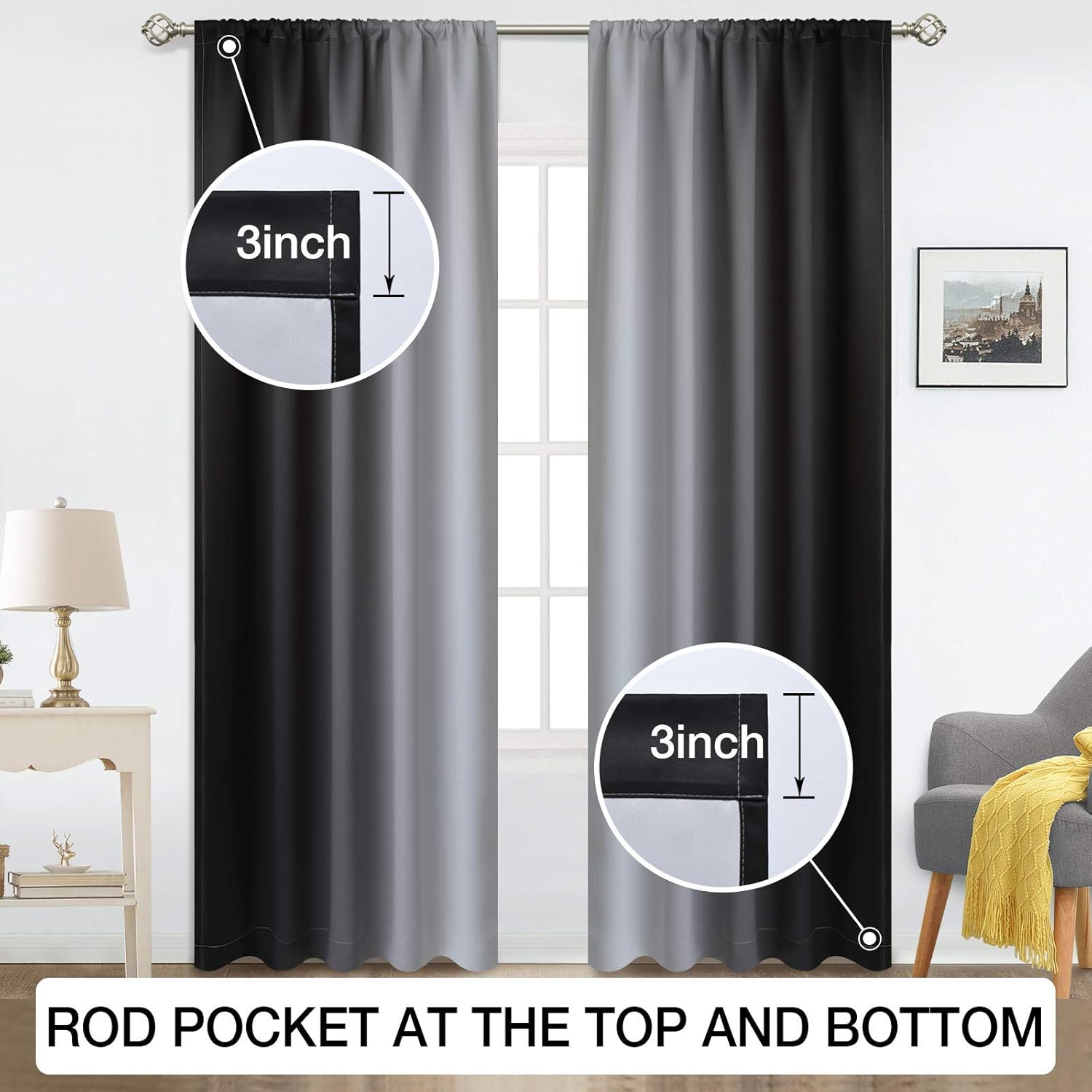 COSVIYA Rod Pocket Ombre Room Darkening Curtains 63 inch Length, Black and Greyish White Gradient Drapes Light Blocking Insulated Thermal Window Curtains for Bedroom/Living Room,2 Panels,52x63 inches