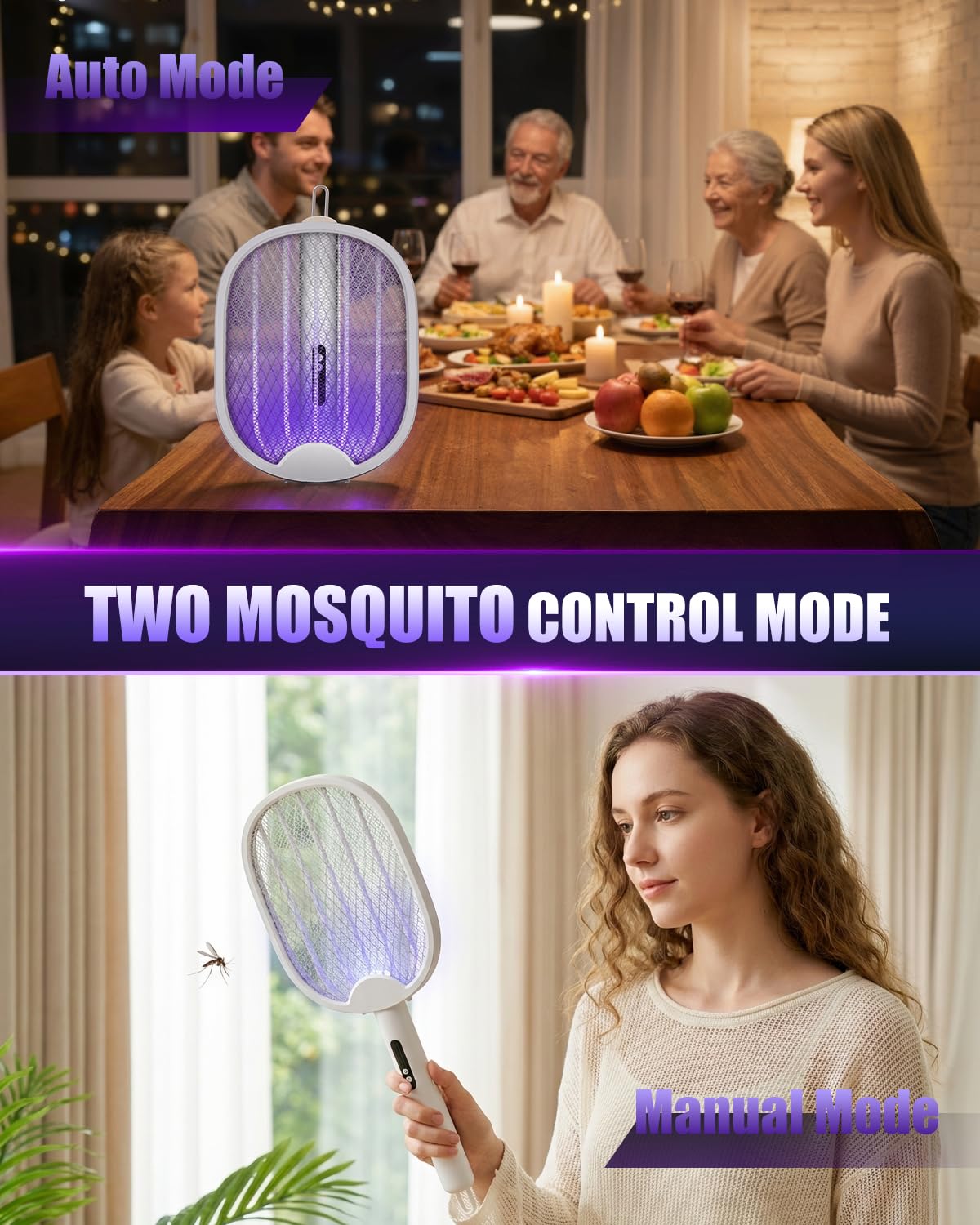 Fly Zapper, Foldable Electric Mosquito Swatter 4000V, 1800mAh Rechargeable Bug Zapper Racket with Auto & Manual Mode, 180° Portable Mosquito Killer, Safe 3-Layer Mesh for Indoor & Outdoor Use — view 3
