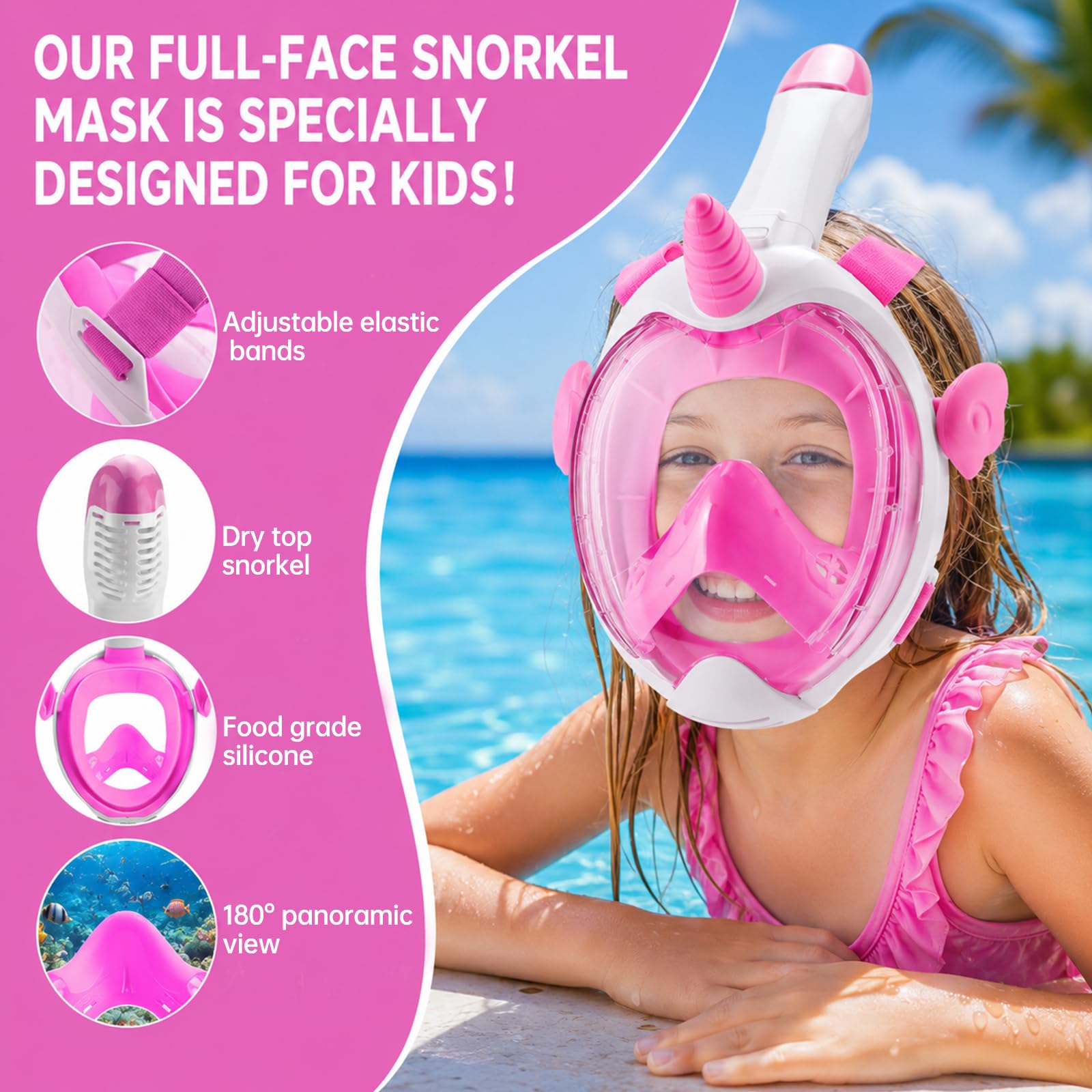 Schnorchelmaske Kinder, Tauchmaske Vollgesichtsmaske für Kinder 4-12 Jahre, 180° HD Anti-Beschlag Anti-Leck, Vollmaske Taucherbrille Tauchermaske, Snorkeling Mask Wasserspielzeug