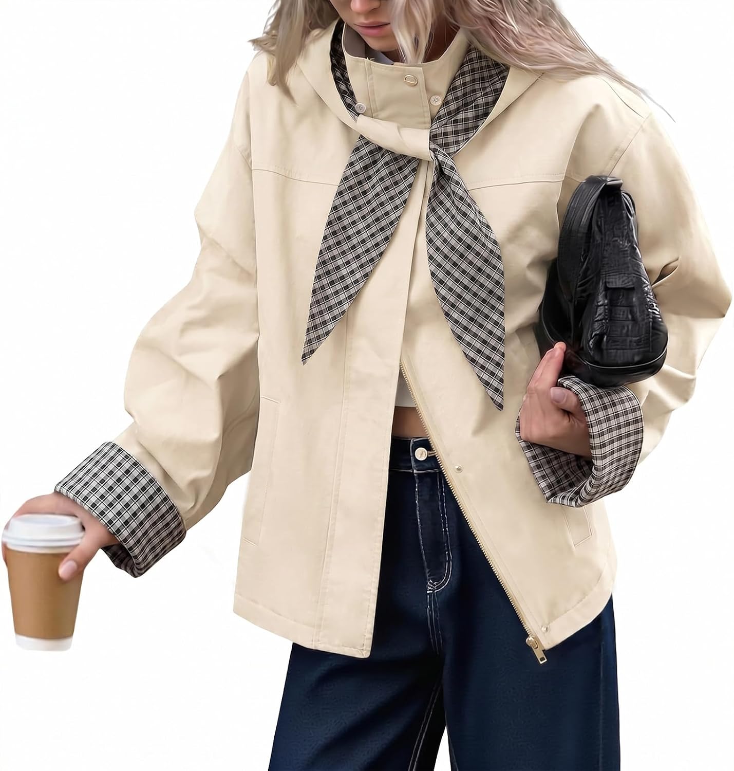 Tankaneo Womens Cropped Trench Coats Fall Jacket with Plaid Detachable Hood