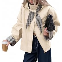 Womens Cropped Trench Coats Fall Jacket with Plaid Detachable Hood