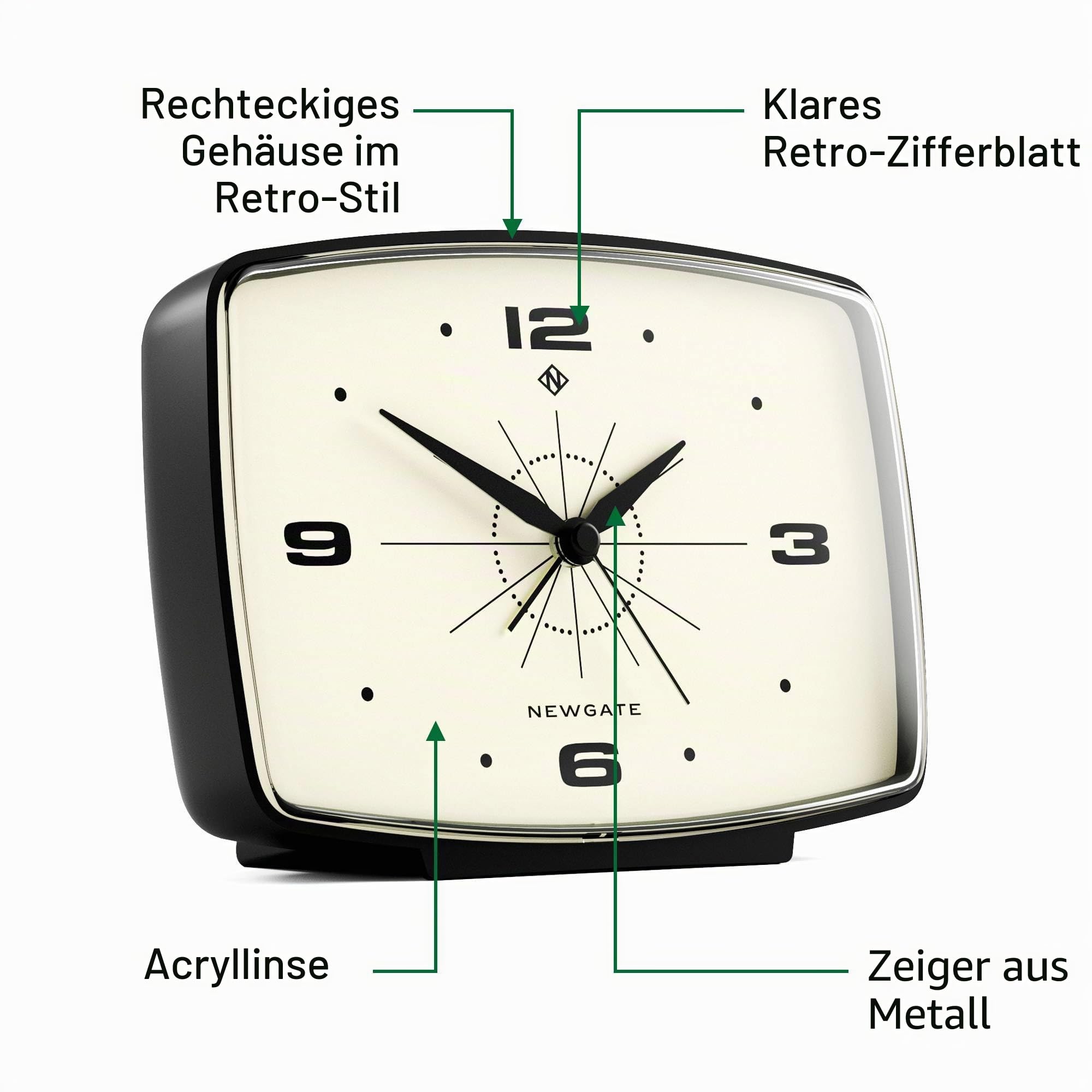 NEWGATE® Brooklyn Wecker | Rechteckiges Retro-Design | Schwarz | Ideal für nachttisch, Schreibtisch, Regal und kaminsims | Mid-Century-Retro-Schlafzimmer- und bürozubehör