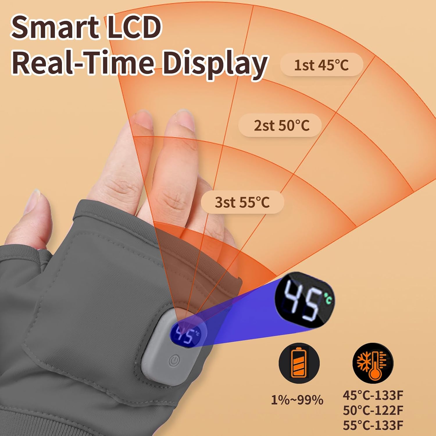 Portable Heating Fingerless Gloves with Digital Display, Rechargeable Heated Thermostatic Gloves for Outdoor, Cycling - Image 6