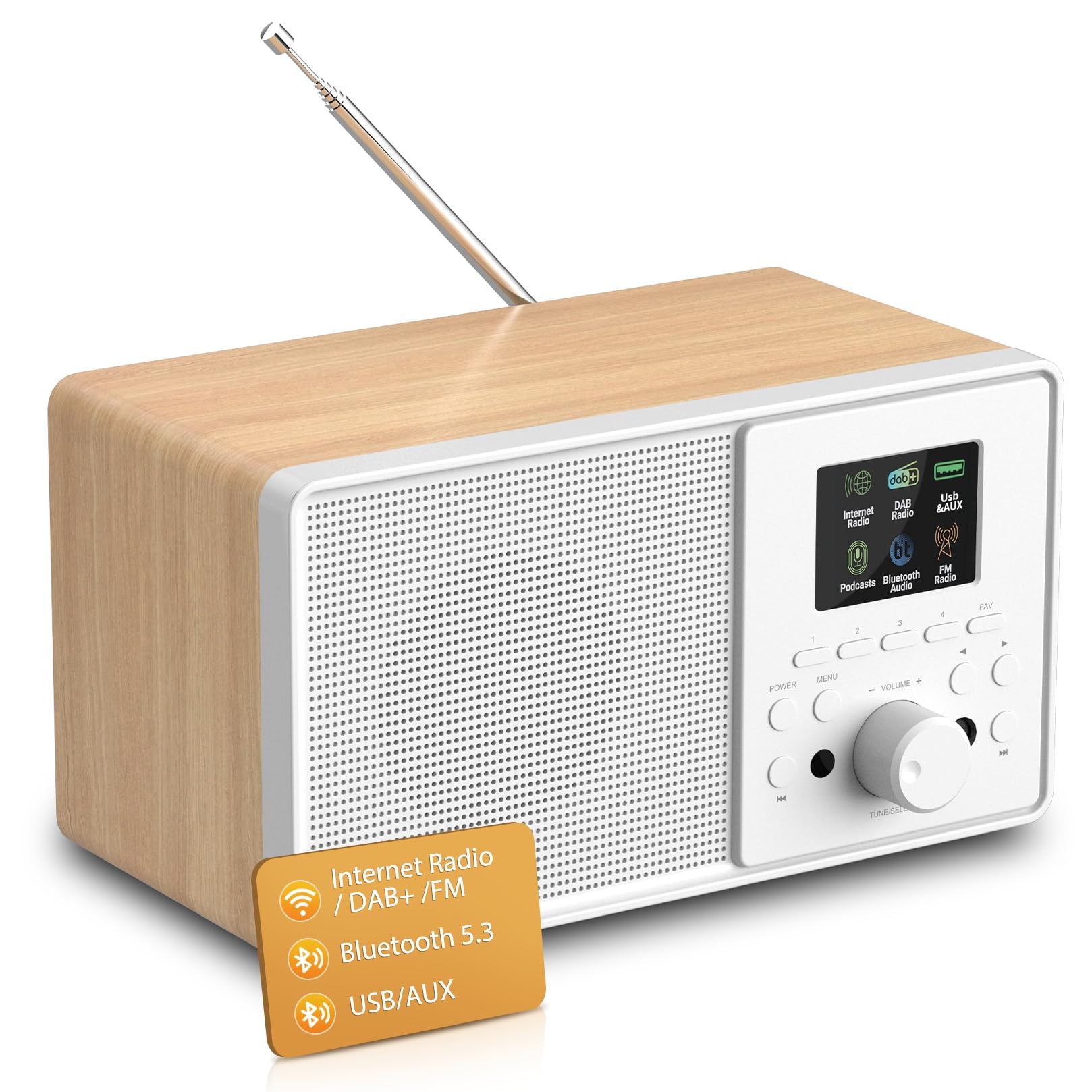Radio Internet WLAN con DAB+ & FM, radio Bluetooth 5.3, lettore podcast, USB e AUX, oltre 30.000 stazioni radio, EQ e display a colori, telecomando - Smart Radio per soggiorno e giardino (Oak Wood
