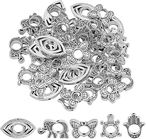 Miniatura 1 de PH PandaHall 50 unidades de 5 estilos de cuentas de animales plateados, marcos redondos Hamsa, conectores de marco circular para hacer joyas,