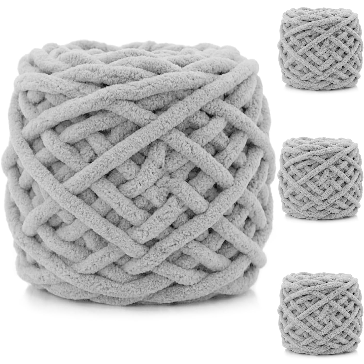 Exquilnova 4 Pack Chunky Yarn for Hand Knitting,380g Multiple Colors Chenille Yarn for Knitting & Crochet,Soft Chunky Wool for Blankets,Cushion,Scarves,Pet Beds,Bags,Hats,Sweaters(Light Gray)