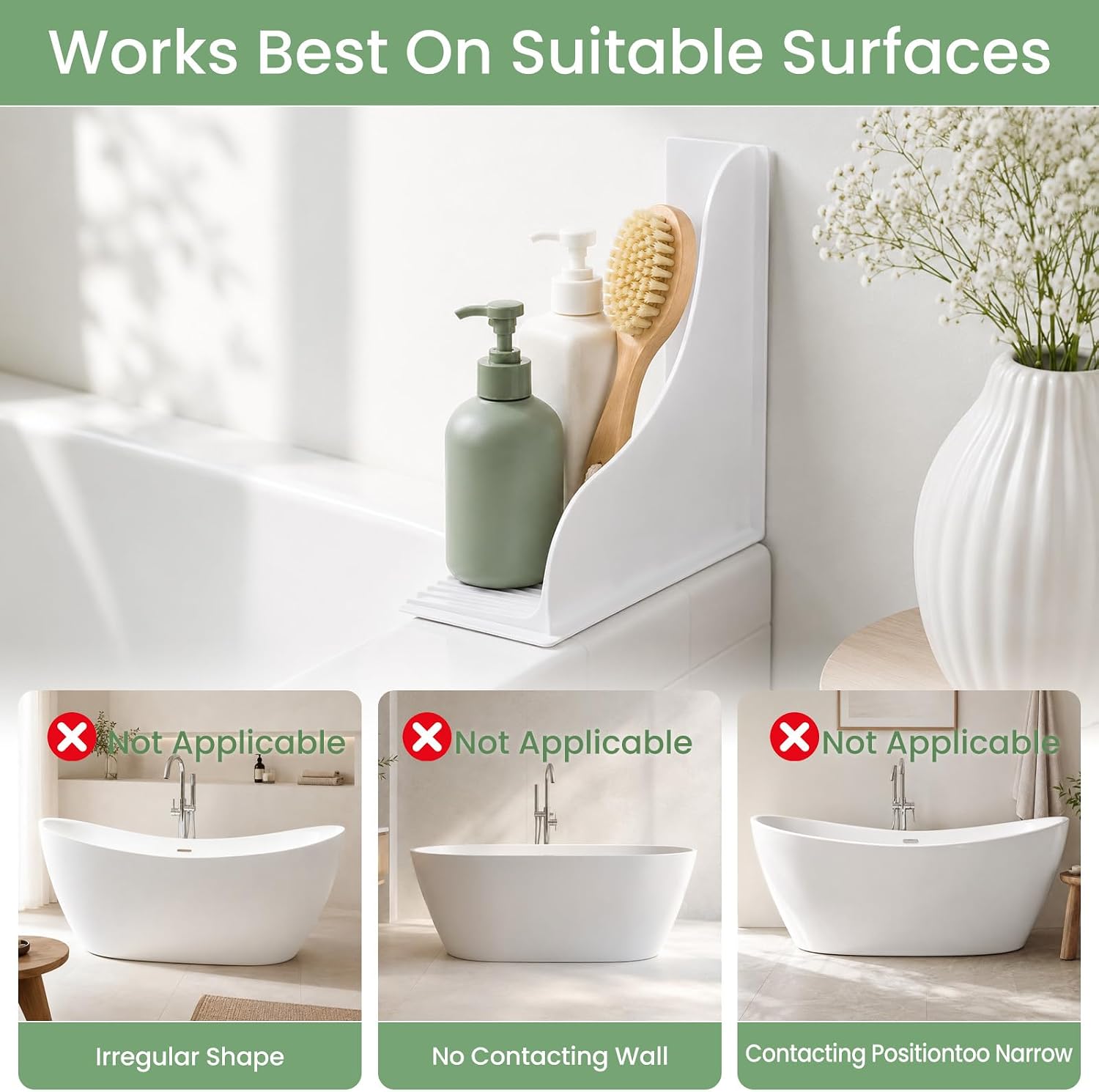 THMINS Silicone Shower Splash Guard, 2 Pack Bathtub Corner Water Blocker | with Suction Cups, Reusable One-Piece Bath Water Dam for Shower and Tub, Easy to Remove, White