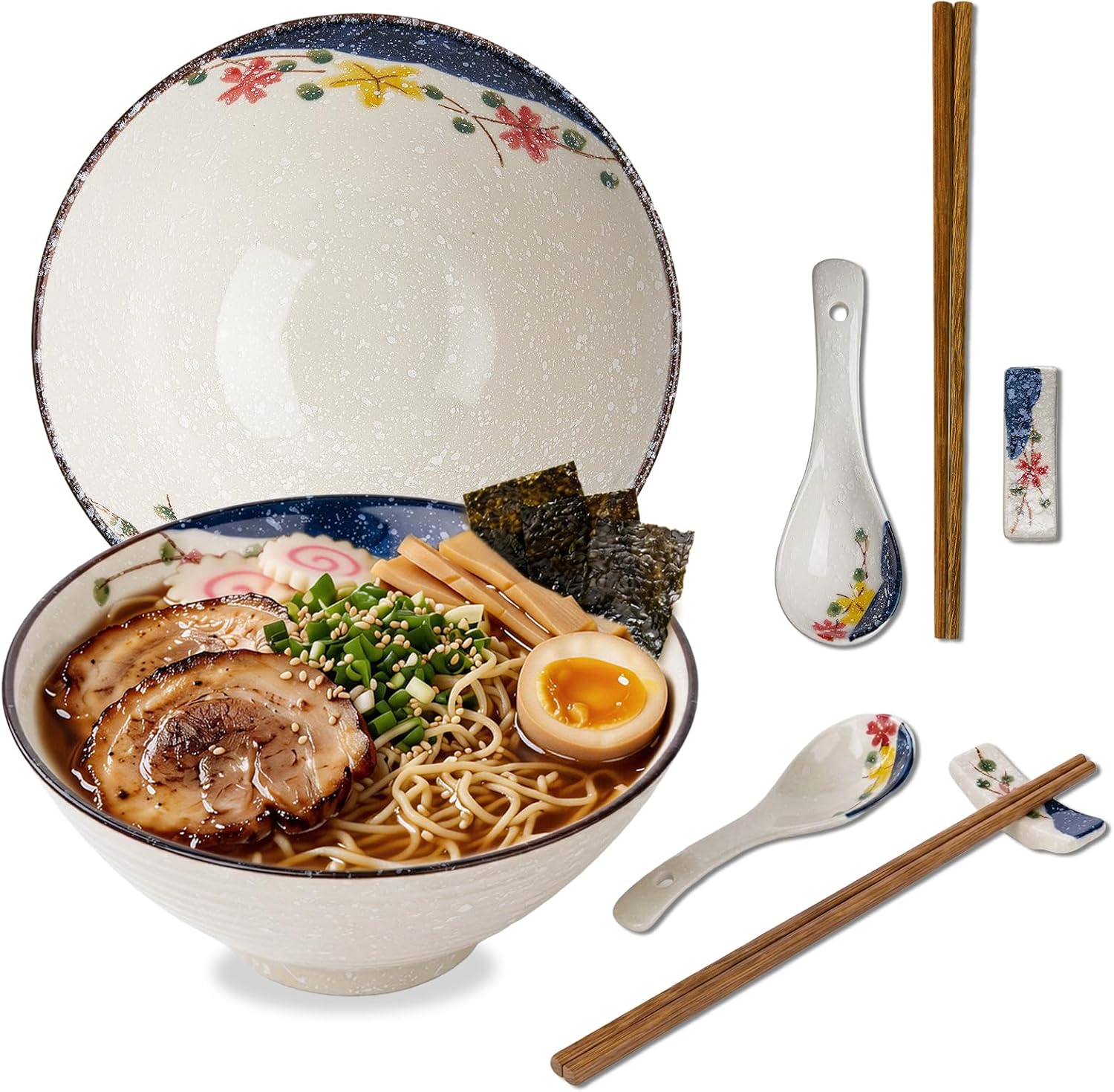 40OZ Ceramic Ramen Bowl Set, Japanese Noodle Bowls with Spoons, Chopsticks and Rests, Large Soup Bowl Perfect for Noodles Pho Udon Soba, Flower