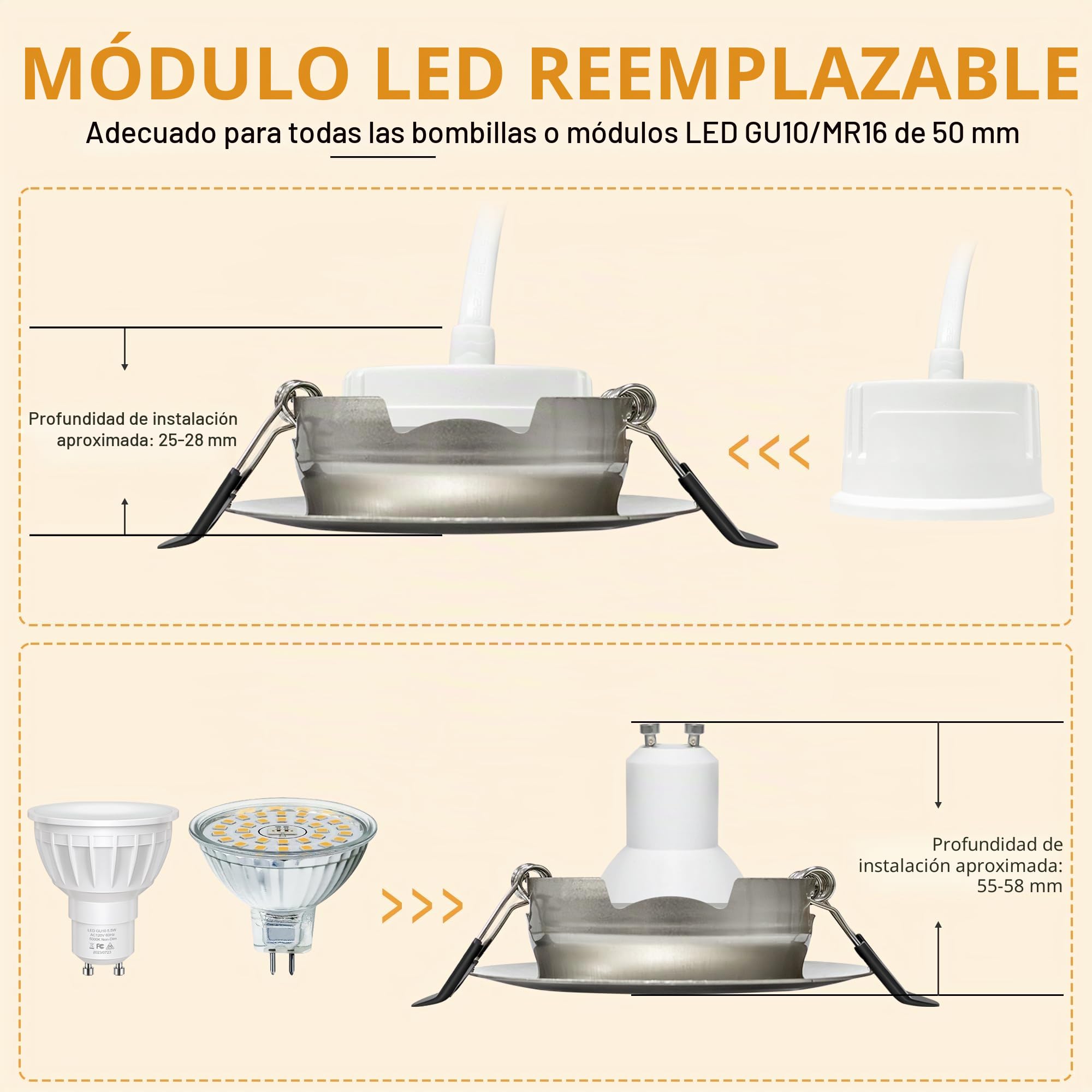 3CCT Downlight LED Techo Empotrable 230V Regulable 68mm 5.5W IP44 Ojos de Buey Extraplano Focos LED Interior Techo 45° Giratorio Foco Empotrable para Baños, Níquel 6 Pack