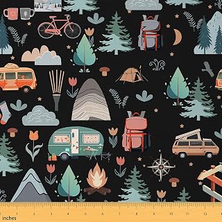 Camping Fabric by The Yard, Cartoon RV Upholstery, Cute Tree Tent Mountain Decorative, Floral Clouds Moon Indoor Outdoor, Camper DIY Art Waterproof, Blue Orange, 2 Yards
