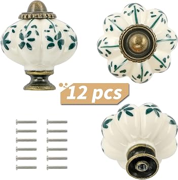 12 Pack Ivory Ceramic Knobs - Pumpkin Cabinet Knobs Retro Dresser Knobs - Antique Drawer Pulls with Screws for Closet Drawers Cupboards Cabinets and DIY Home Projects