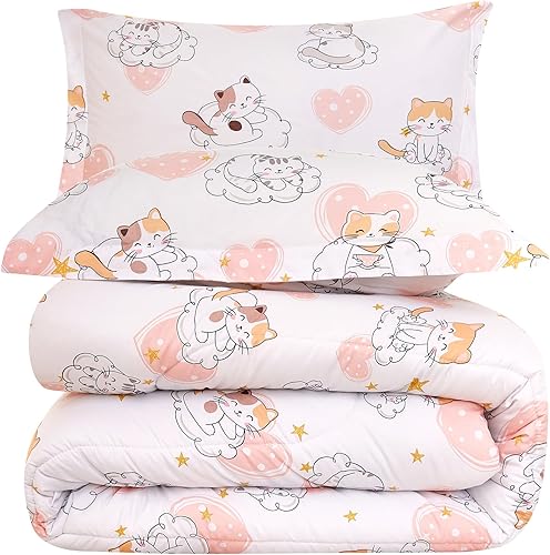 Yibeizi Juego de edredón de gato para niñas tamaño individual, bonito juego de ropa de cama acolchado con estampado de corazón rosa con funda de