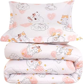 Yibeizi Cat Kids Comforter Set for Girls Full Size, Cute Quilted Pink Heart Printed Bedding Set with Pillow Sham, Lightweight Soft Breathable Machine Washable Bed Set 3 Piece