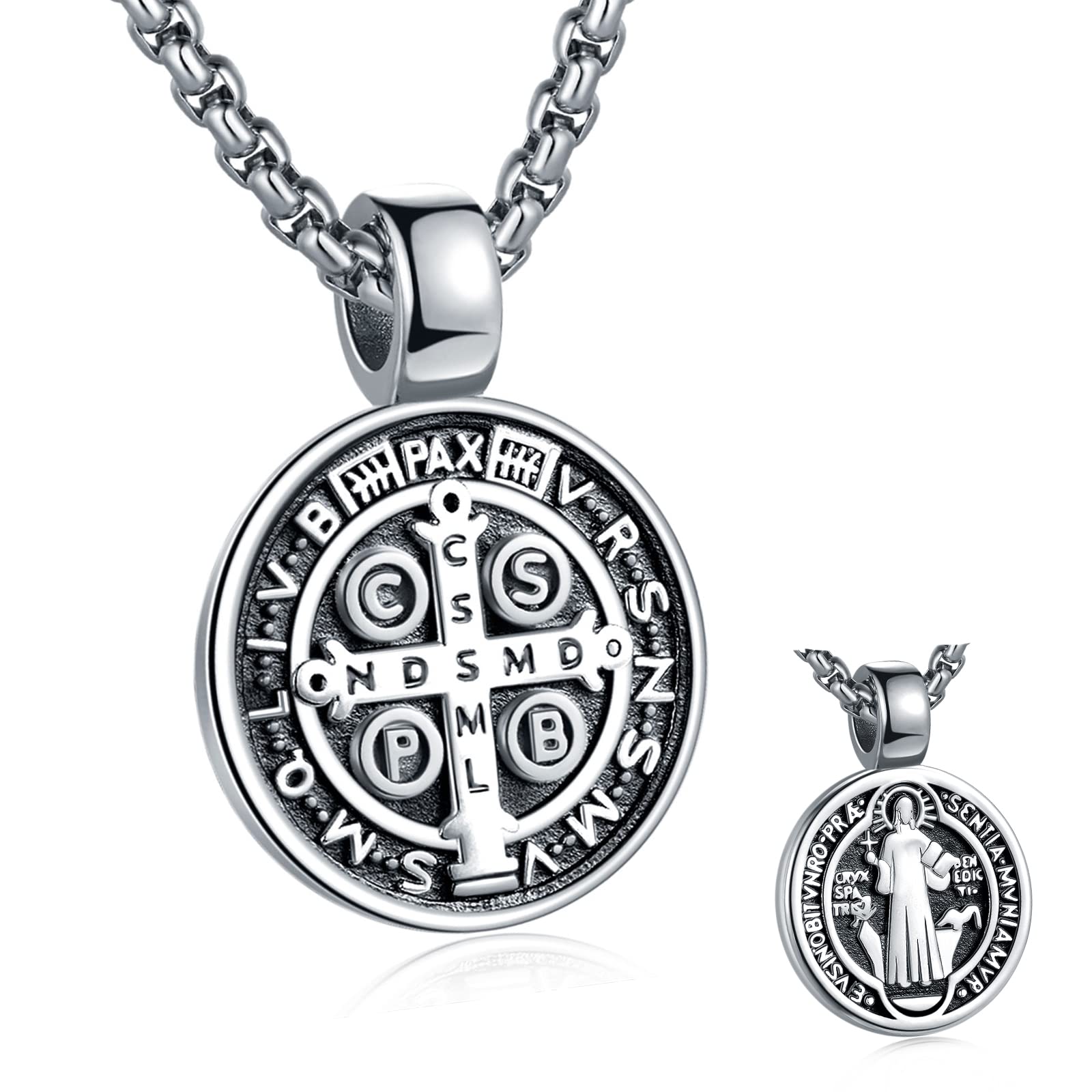 St Benedict Exorcism Medal Pendant Necklace Men's Stainless Steel Catholic Roman Patron Saint Pendant, Round Antiqued Religious Cross Protector Talisman Pendant