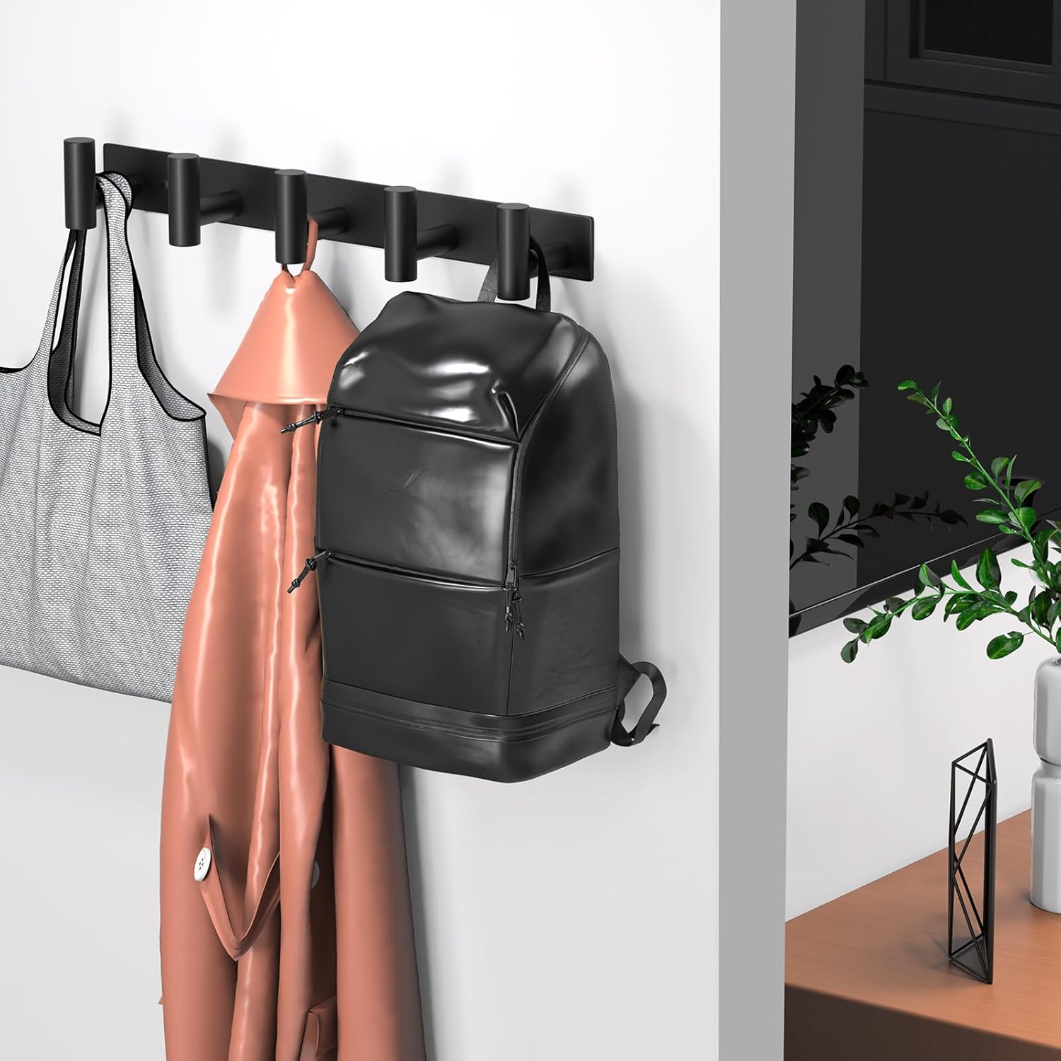 Coat Rack Wall Mounted with 5 Hooks,Heavy Duty Stainless Steel Wall Hooks for Towel Coat Bag, Hat Rack Coat Hanger Coat Hooks Towel Racks for Bathroom Entryway Kitchen Hotel (Black, 2 Packs)