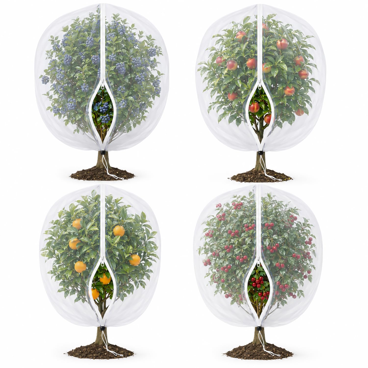 Favuit Fruit Tree Netting 4 Pack, Zip Drawstring, White 100 x 140 cm