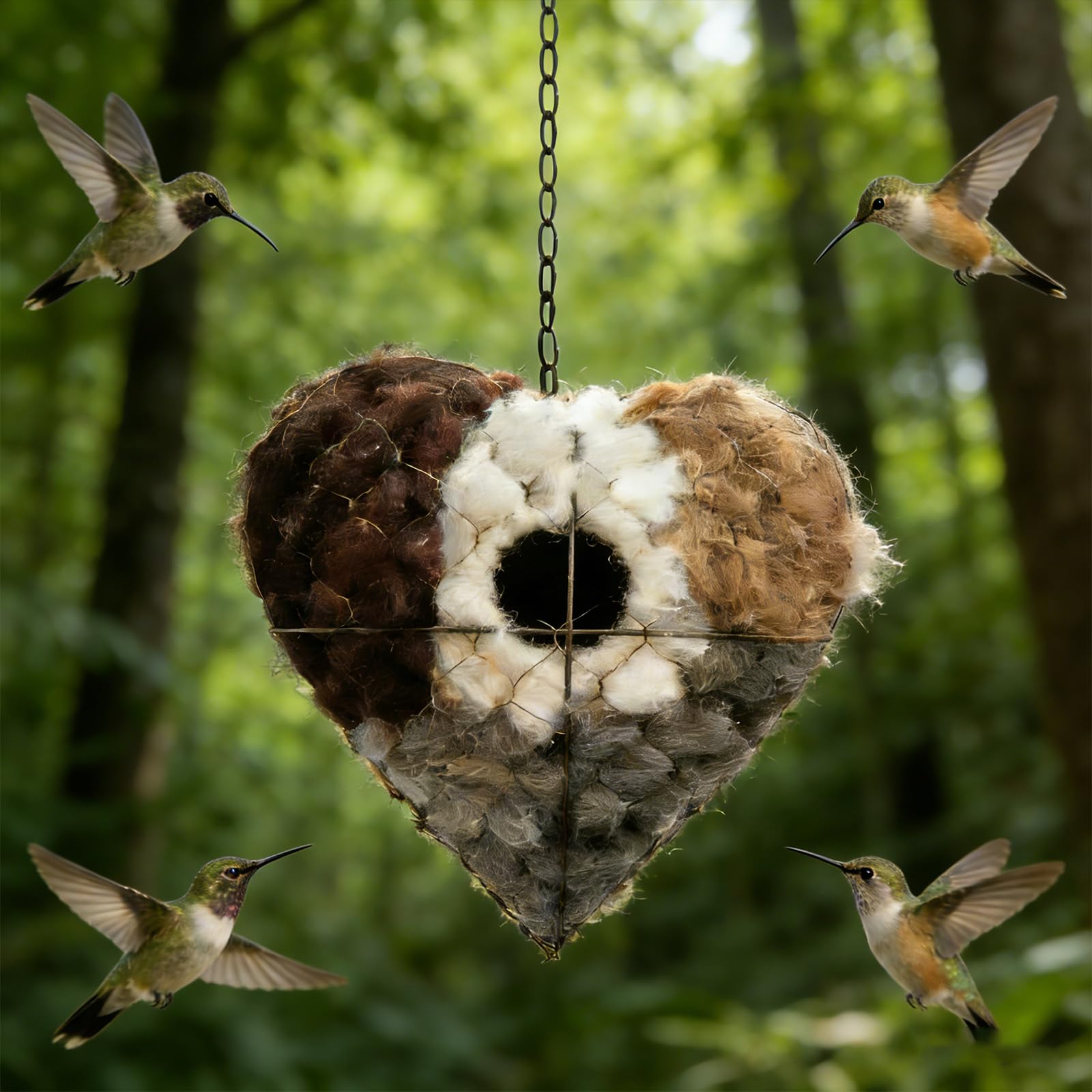 Fácil de colgar en forma de corazón, protección para pájaros, jardín, decoración de patio, hierro nido de pájaro, corazón, diseño recargable con fibras de algodón, nido salvaje de temporada, nido de