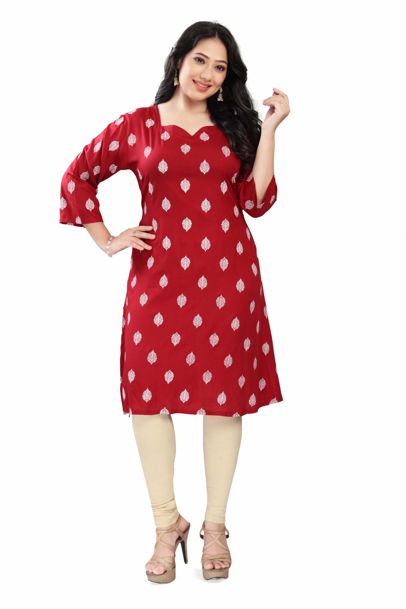 Floral Printed Rayon Kurti | Side Pocket | V-Neck | 3/4 Sleeves | Regular Fit | Casual, Office L, XL, XXL-image-47