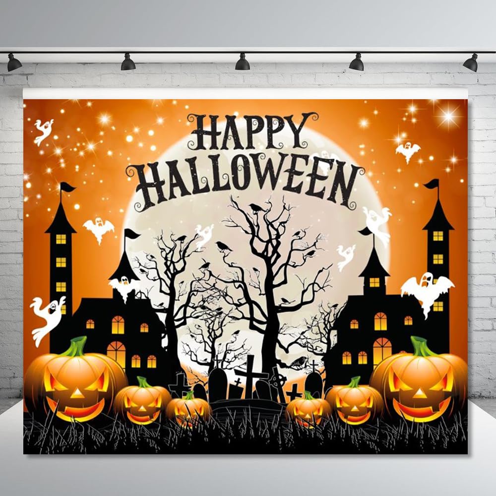Halloween background with scary pumpkins candles in the graveyard at night with a castle background | Premium AI-generated image