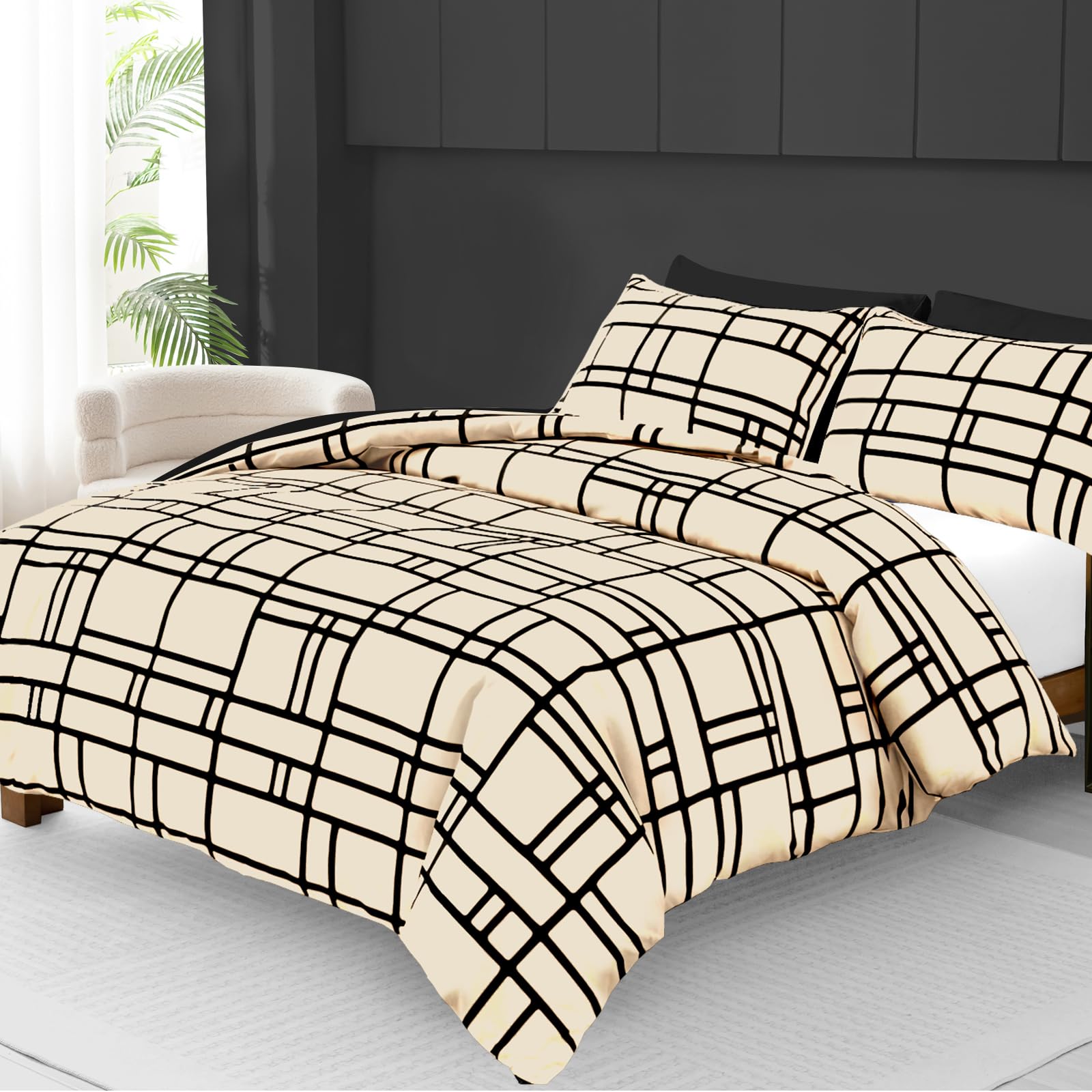Pamposh 4 Pcs Double Duvet Set with Matching Black Double Fitted Sheet 40 cm Extra Deep Pocket - UltraSoft Breathable Premium Microfibre Reversible Quilt Cover Bedding Set For All Seasons