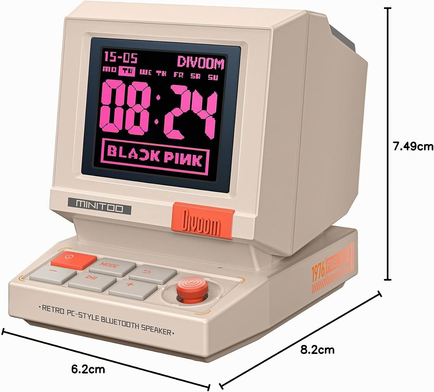 Divoom MiniToo – Altavoz de computadora retro estilo PC, pantalla inteligente de píxeles con caras de bricolaje, Bluetooth y audio USB, alarma/reloj de ruido blanco, regalo de configuración de 10