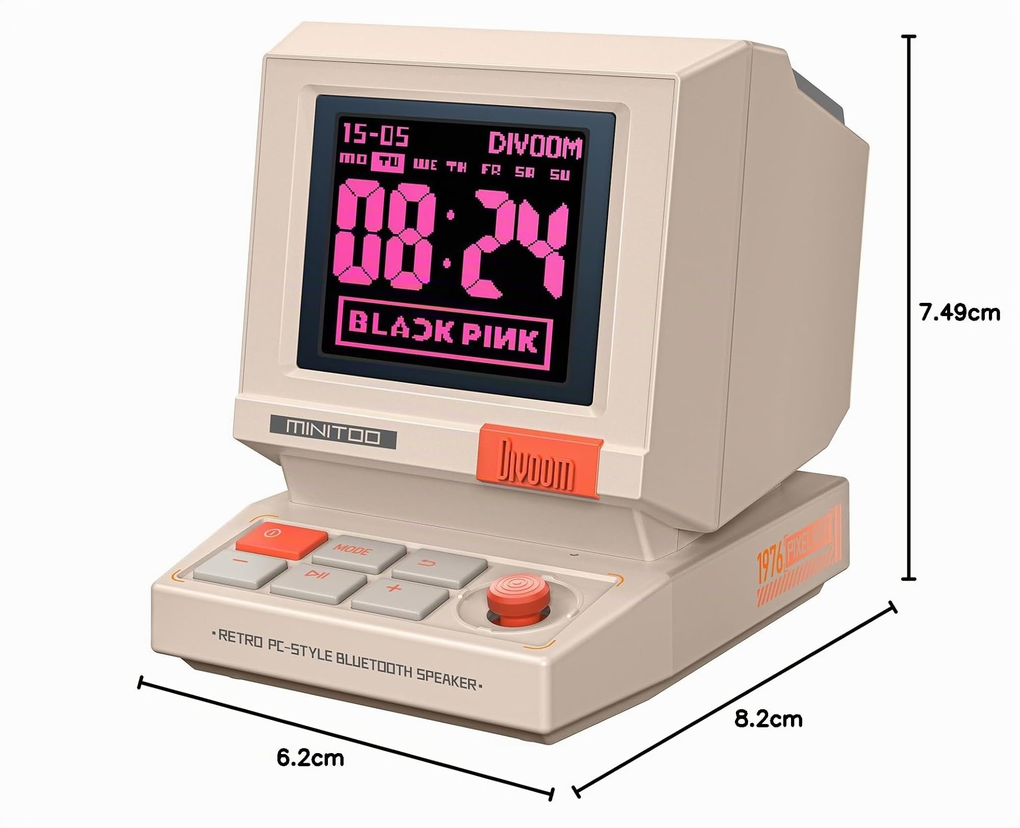 Divoom MiniToo Retro PC-Bluetooth-Lautsprecher mit Pixel-Display, DIY Pixelmotiven, Bluetooth & USB-Audio, Wecker mit weißem Rauschen – für Schreibtisch, Büro, Gaming, auch als Geschenk geeignet