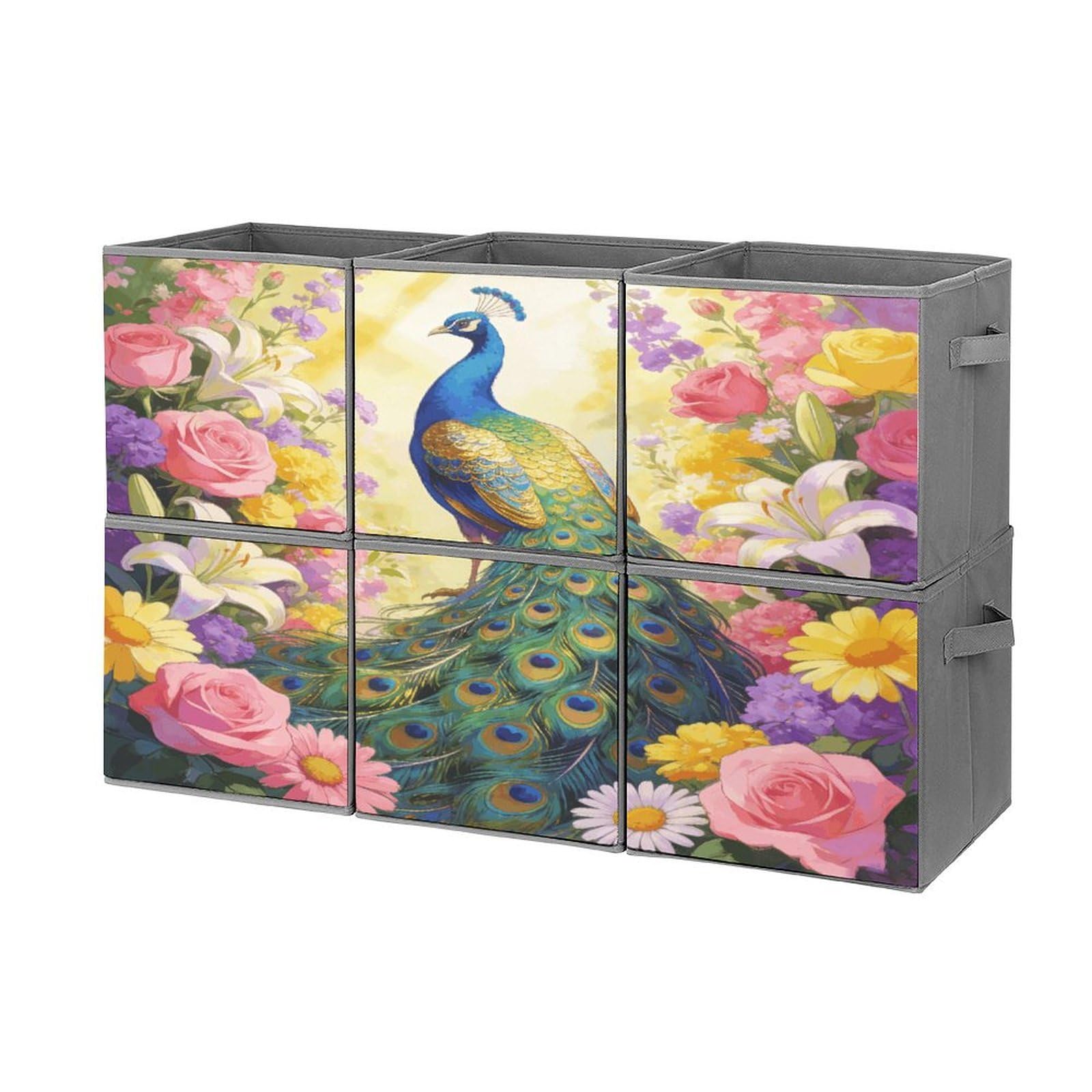 Fodpand Style Colorful Peacock With Floral Background Cube Bins With Double Handles,Set Of 6 Cube Organizer, Stackable And Foldable Storage Bins For Organization, Closet, Shelves, Offices