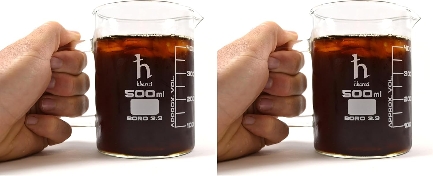 EISCO Premium Hand Crafted Beaker Mug, Thick Borosilicate 3.3 Glass, 16.9oz (500mL) Capacity - Large Size - Pint Glass or Coffee Mug Sized (Pack of 2)
