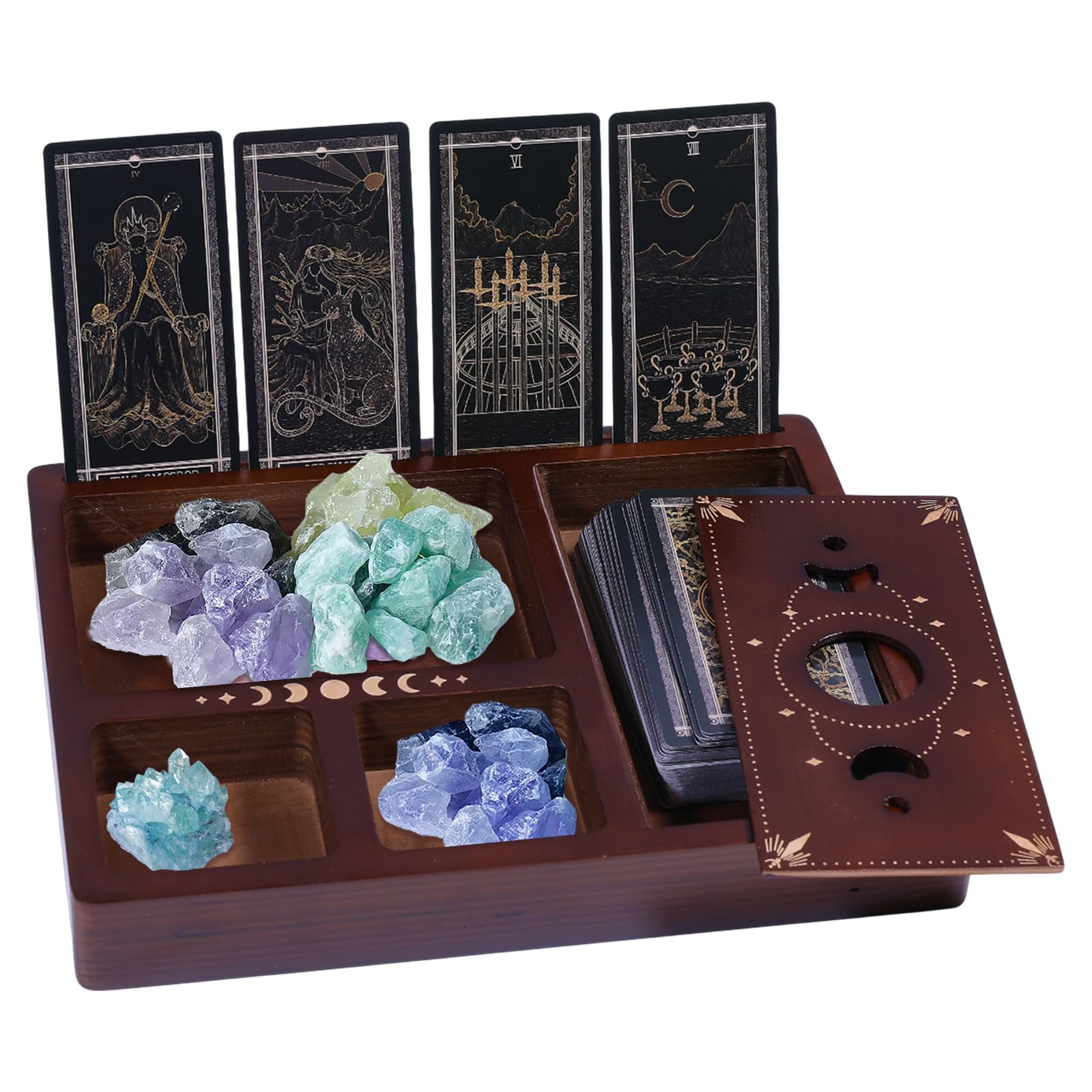 GLOBLELAND Moon Star Tarot Card Holder Stand Display 9.5x7.48x1.23in Coconut Brown Tarot Card Accessories Crystal Organizer Decorative Box for Altar Decor Tarot Card Crystal Holder Case