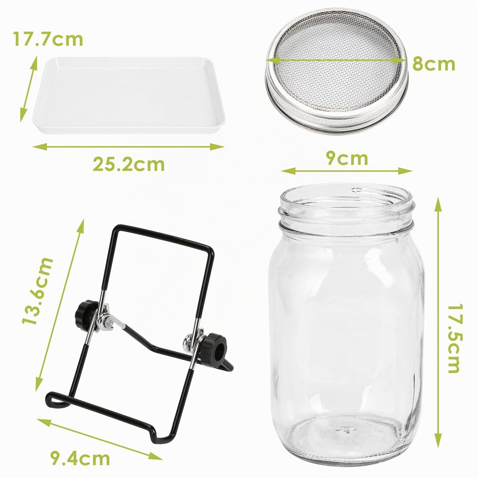 Sprossenglas Keimglas, 2er Set 950ML Sprossenglas mit Deckel & Sieb, Kapazität 2 Einstellbare Halterung 1 Tablett, Sprossen Keimgerät für Alfalfa Kresse Brokkoli Mungobohnen