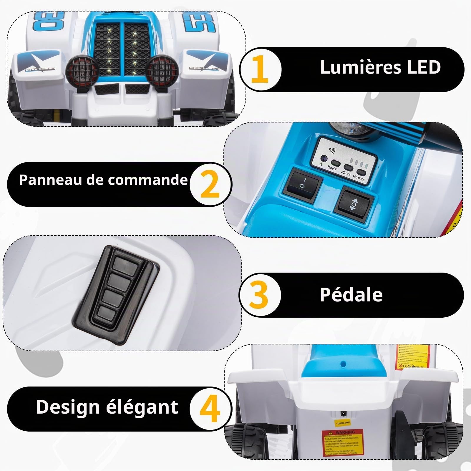 Garvee Quad Électrique Enfant 6V, Voiture Électrique pour Enfants avec LED Et Musique, 1,8 km/h avec Klaxon, Démarrage par Un Bouton, Longue Autonomie, ATV pour Enfants 3+ Ans