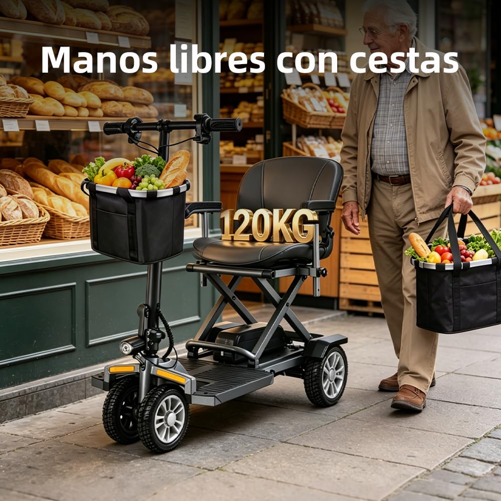Scooter Minusvalidos Mobility Scooter Para Electrico Discapacitados Autonomía 24 km 8 km/h Plegable Scooter de Movilidad Carga Máx. 150 kg y Luces LED
