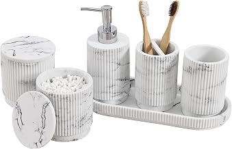 Set of 6 | Dispenser+Cup+Tray+Swabs Box | Stripes | Polyresin | White Marble | Resistant and Waterproof
