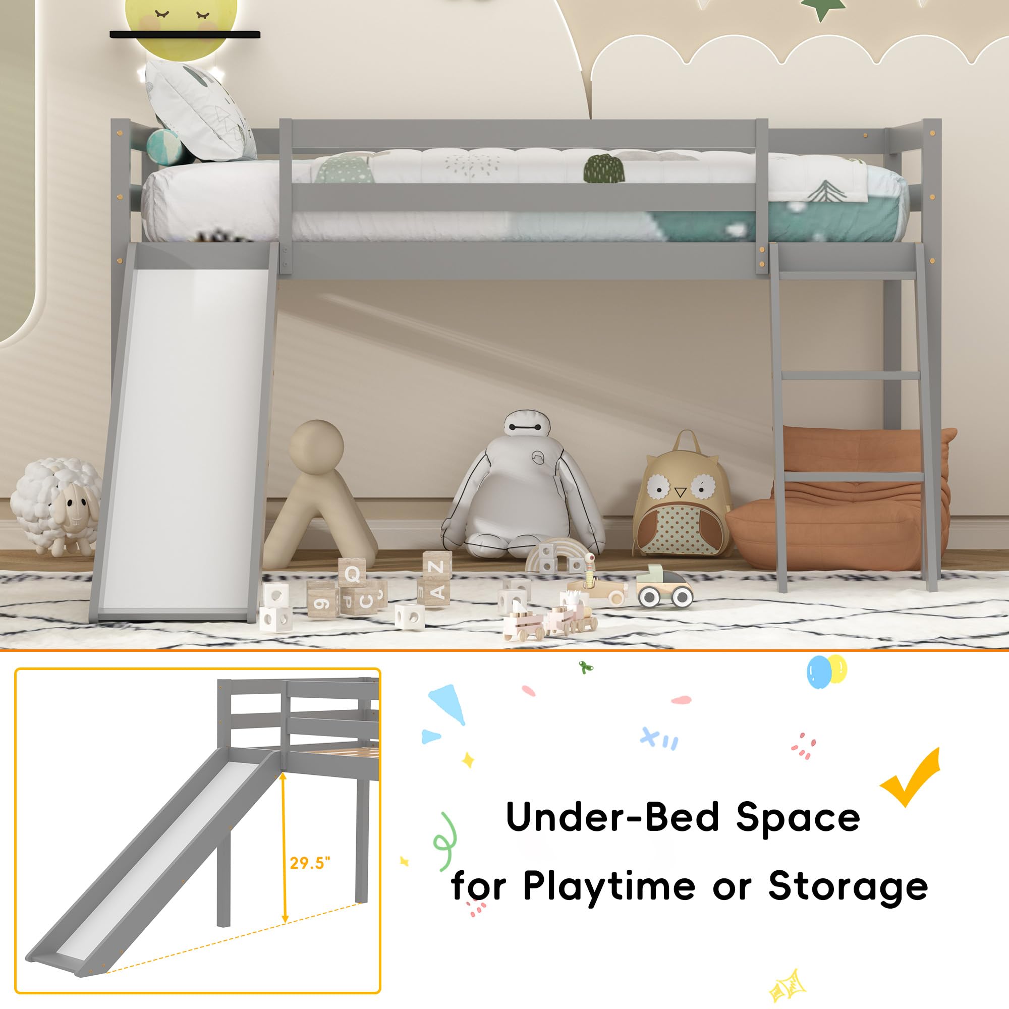 Xilingol Low Loft Bed with Slide, Wood Twin Bed Frame with Climbing Ladder for Toddler Kids (Grey)