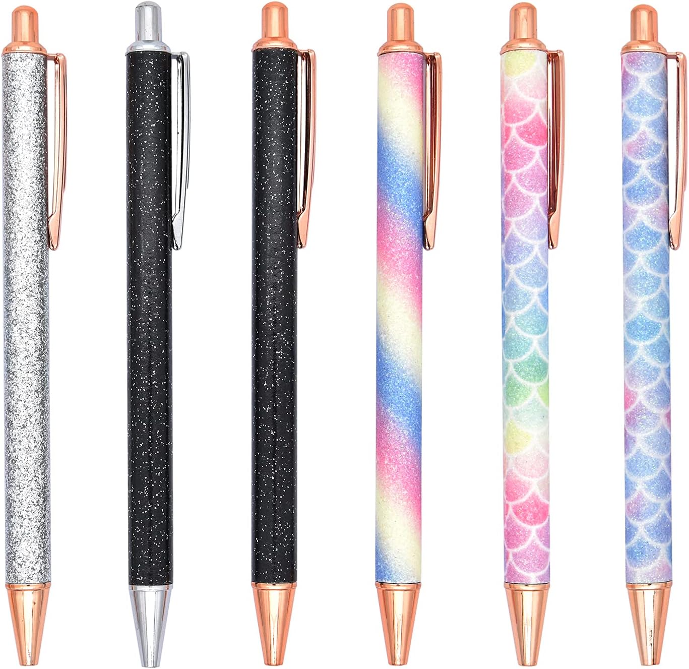 Gullor 6 Pieces Glitter Metal Black Ink Retractable Ballpoint Pen Bling Rose Gold Clip for School Business Office Style B - Image 4