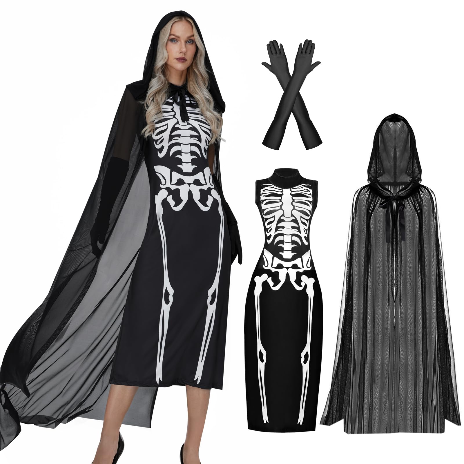 IEEILULU Halloween Bride Corpse Costume, Women's Witch Costume, Black Cape, Black Cape, Horror Skeleton Dress, Ghost Dress, Vampire, Priestess, Carnival Costume
